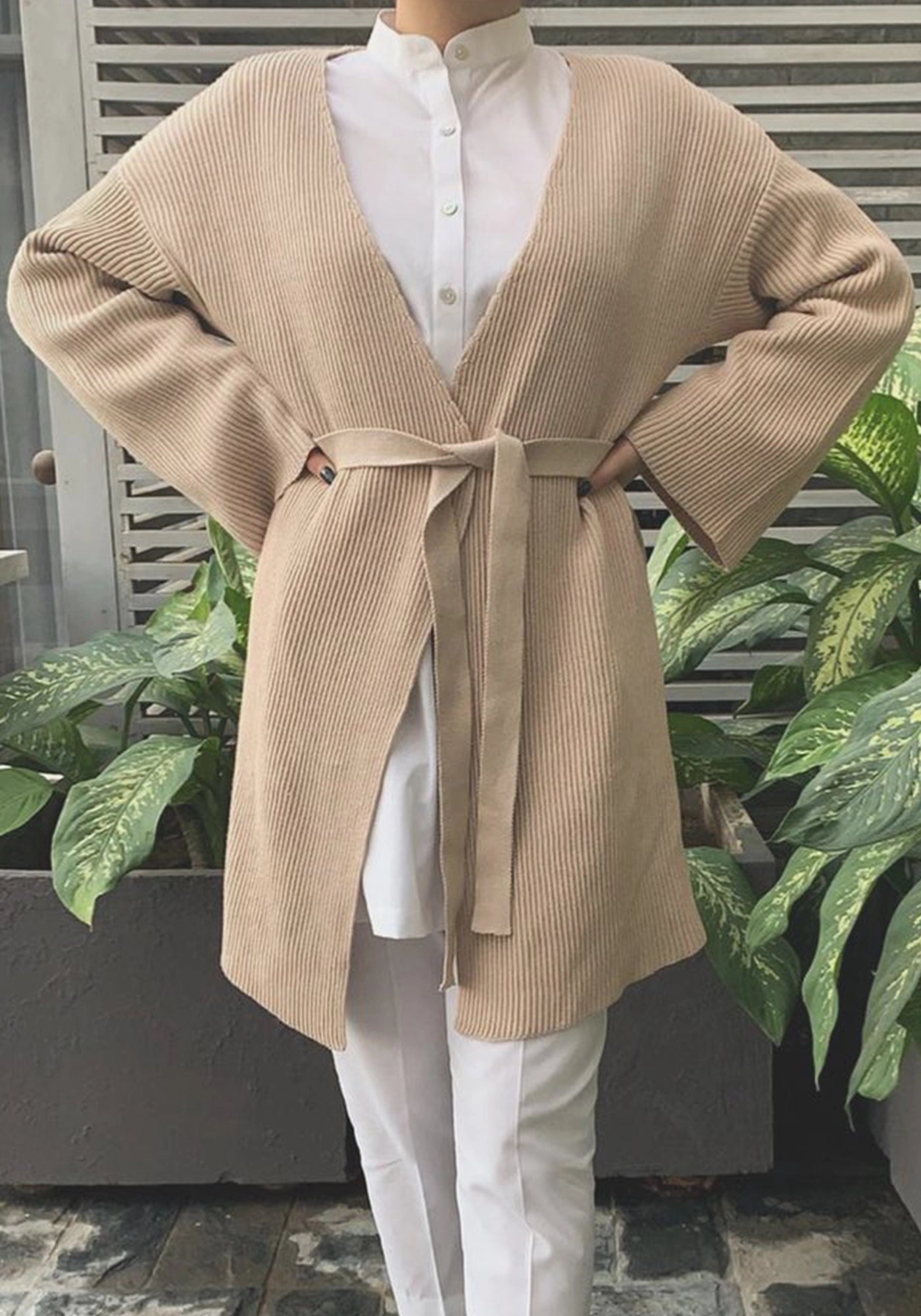 100% Cotton Ribbed Wrap-Front Knit Open Cardigan