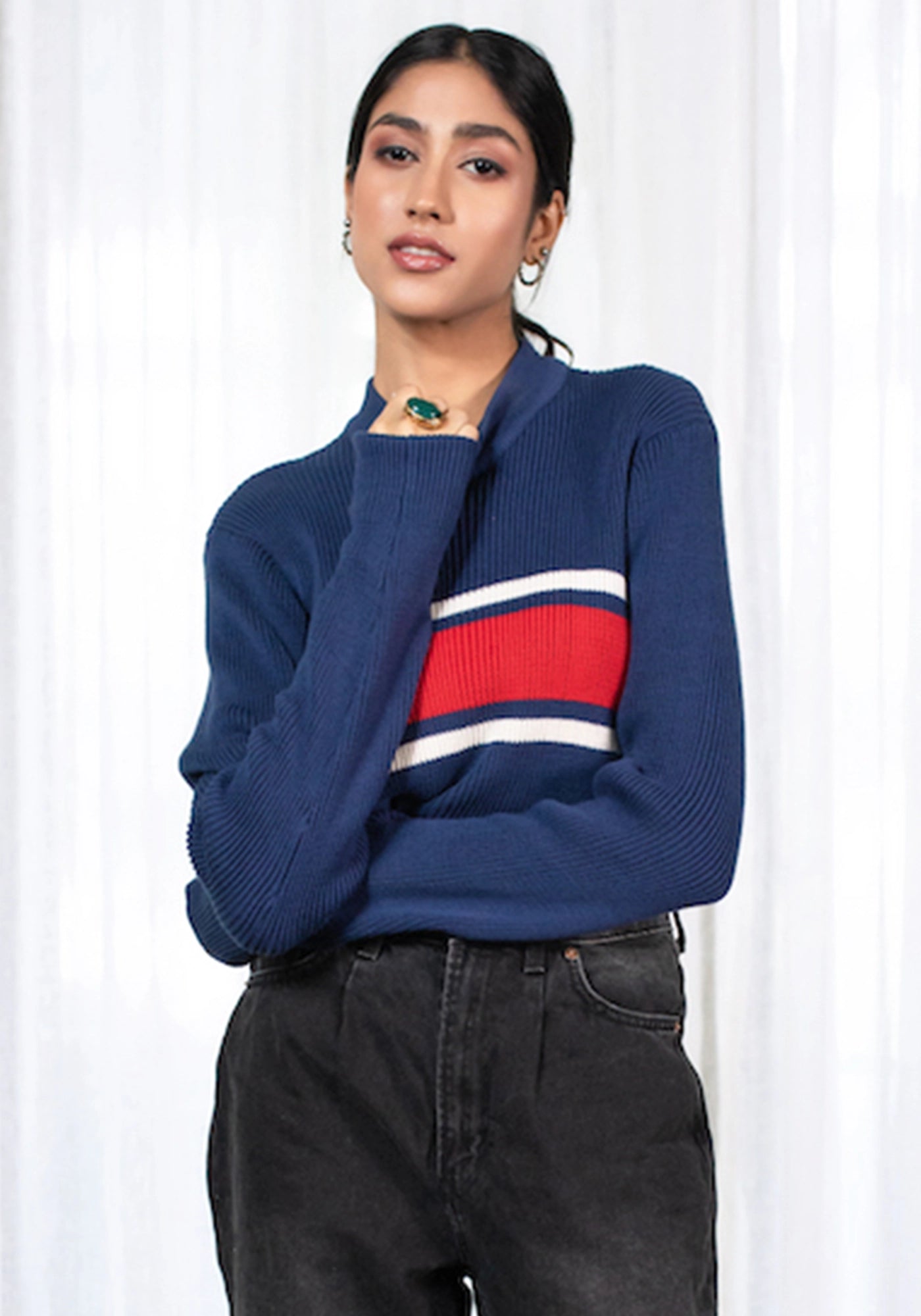 100% Cotton Ivory Ribbed Stripe Knit Sweater