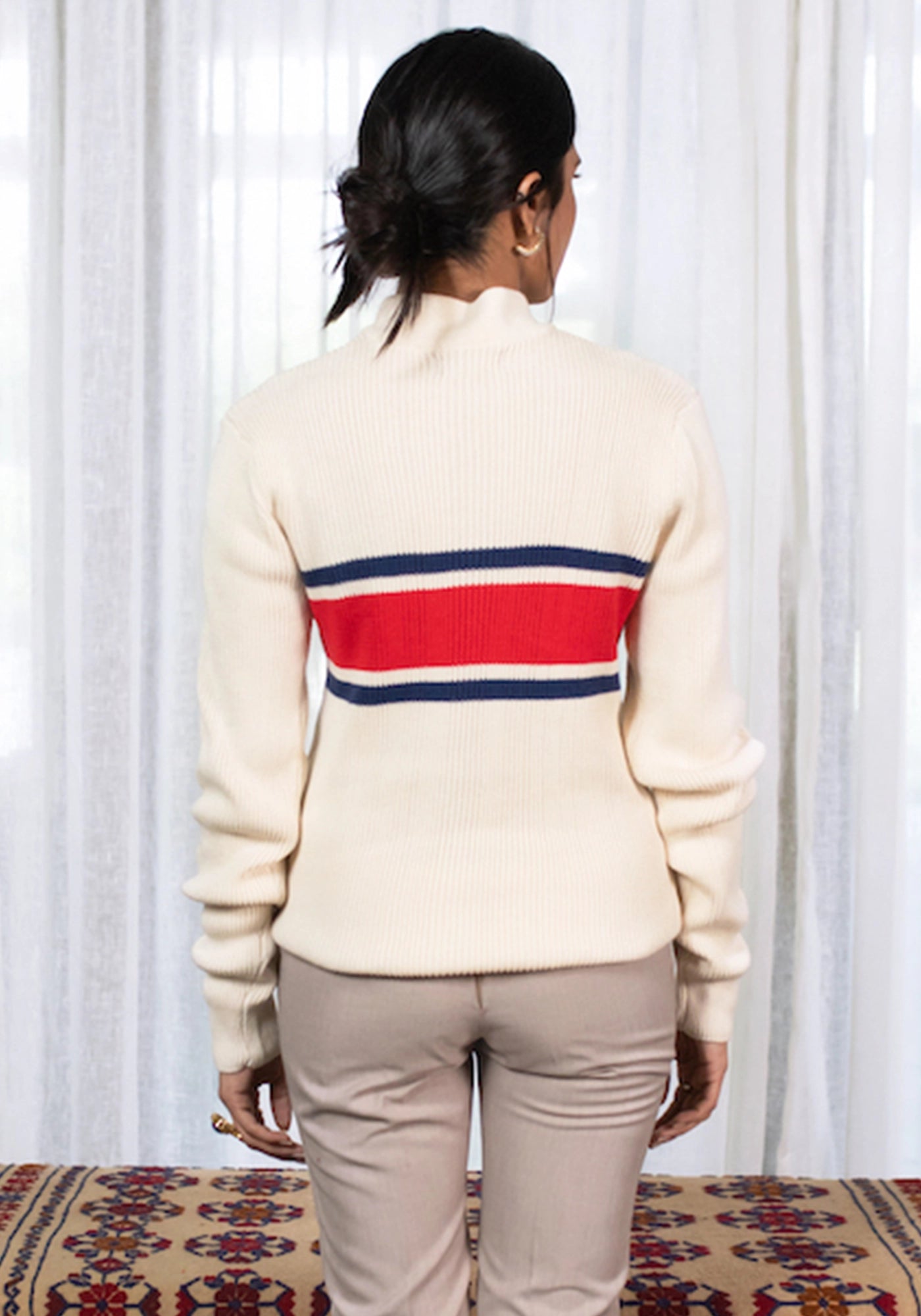 100% Cotton Ivory Ribbed Stripe Knit Sweater