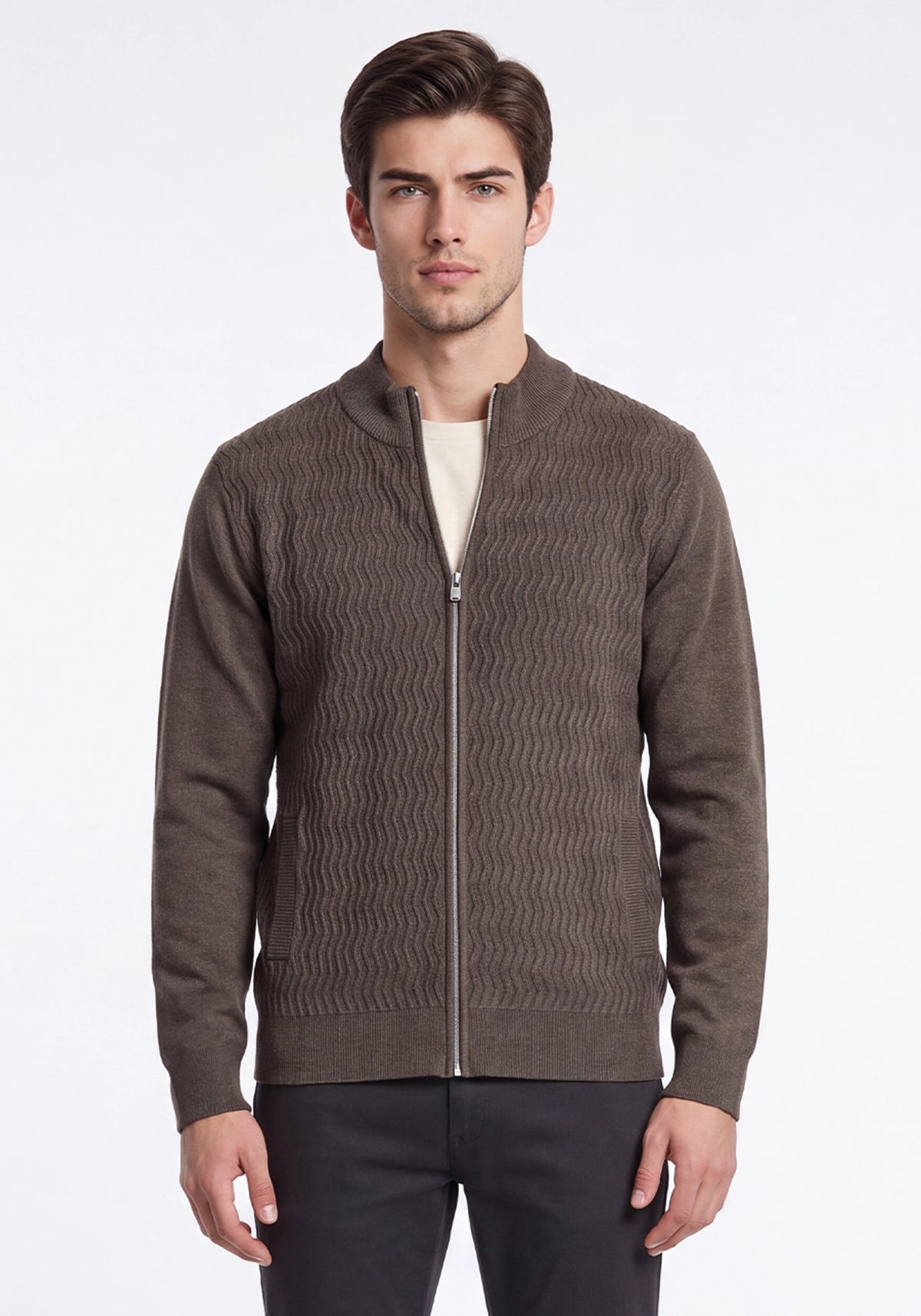 Soft Acrylic Wool Zipper Olive Brown Sweater
