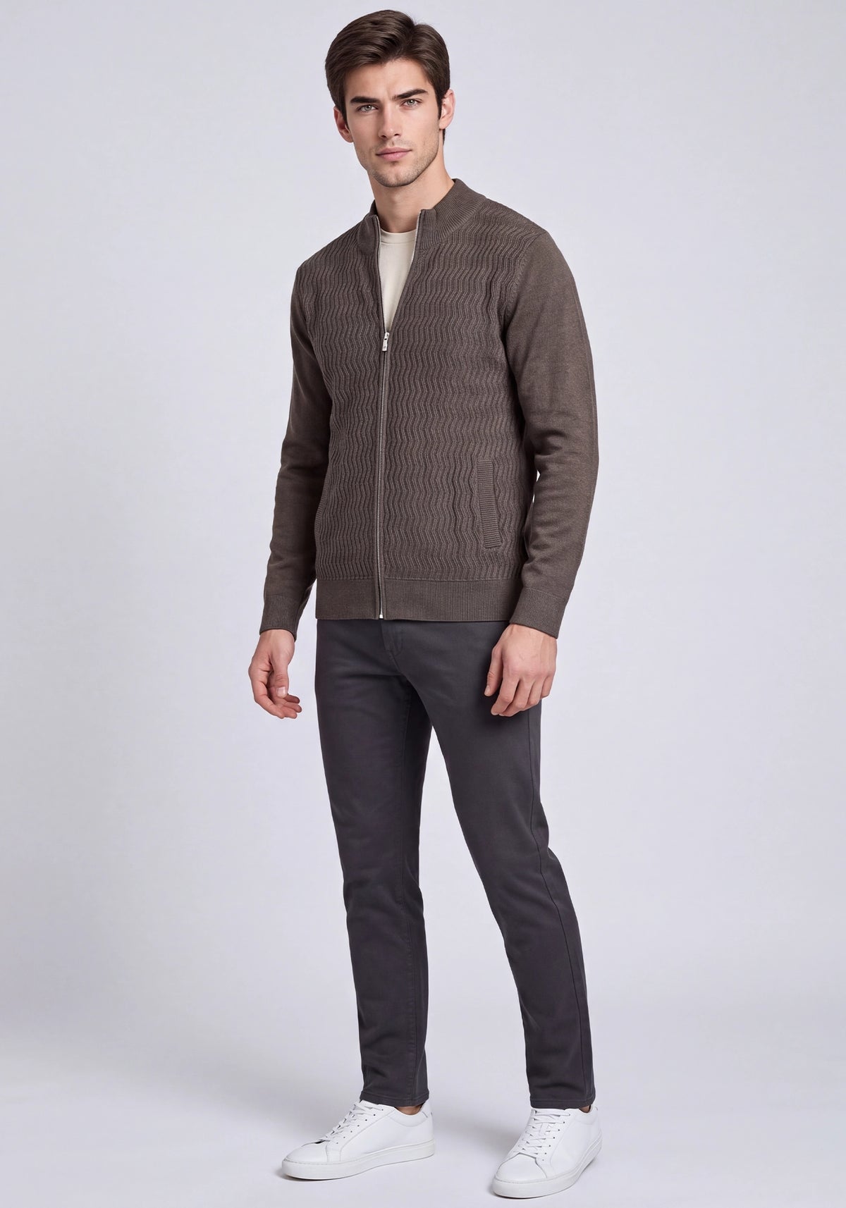 Soft Acrylic Wool Zipper Olive Brown Sweater