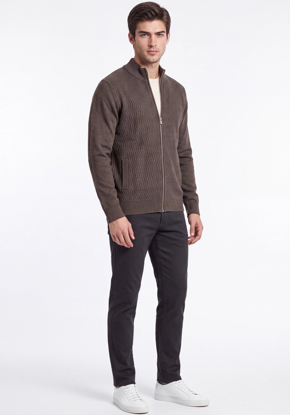 Soft Acrylic Wool Zipper Olive Brown Sweater