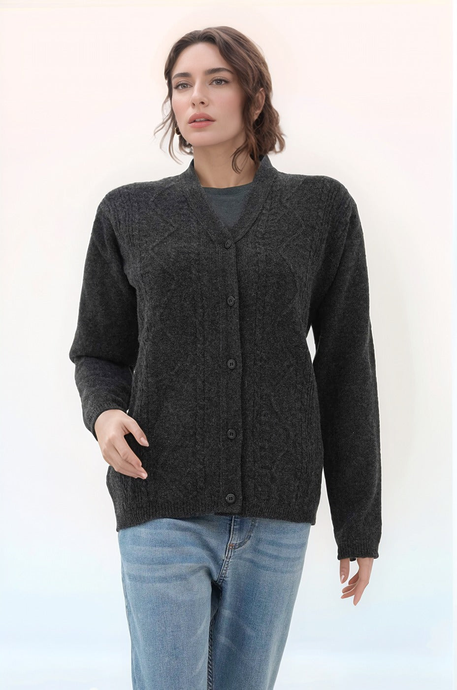 100% Lambswool Cardigan Charcoal